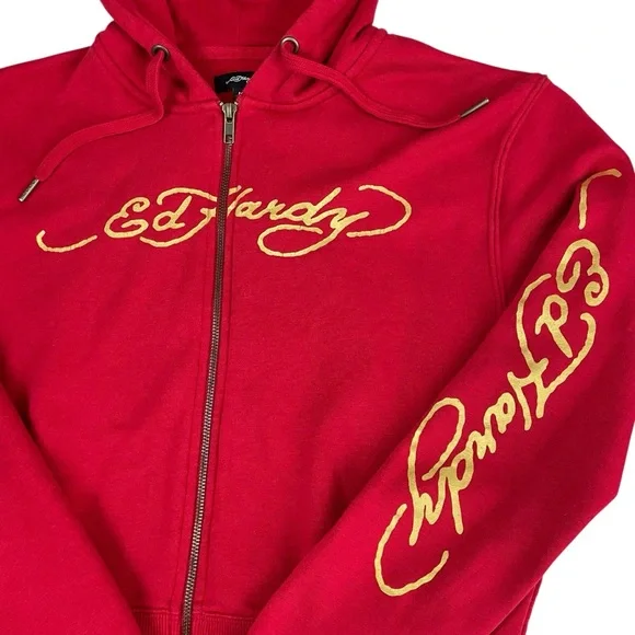 Ed Hardy Red Dragon Tattoo Graphic Zip Up Hoodie Y2K Medium - Picture 8 of 12